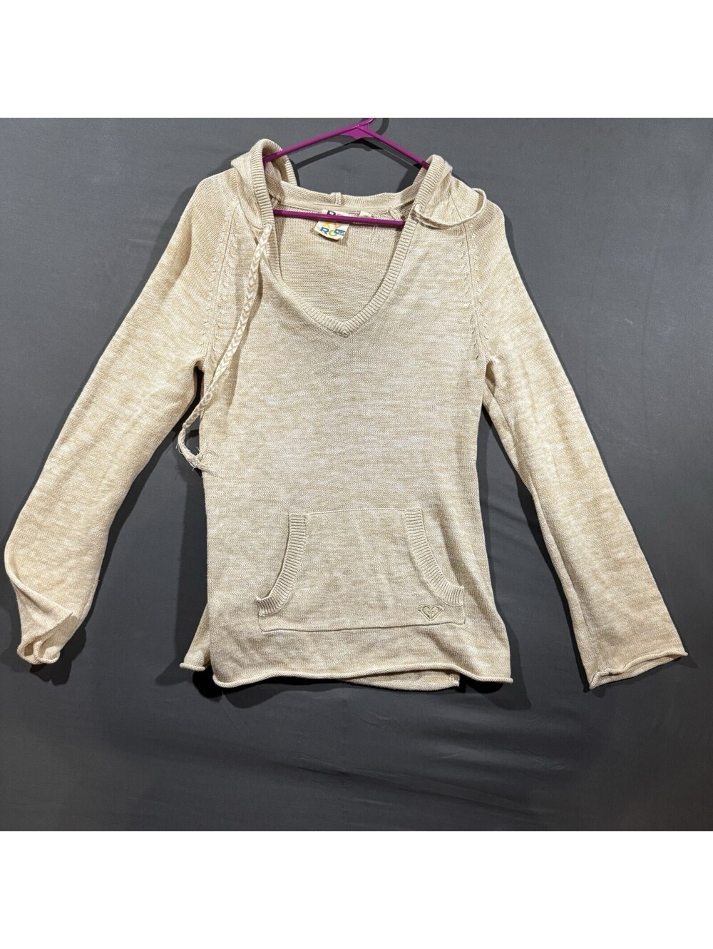 Roxy Hooded Sweater Women Size M Tan Lightweight 100% Cotton Beachy Vacation